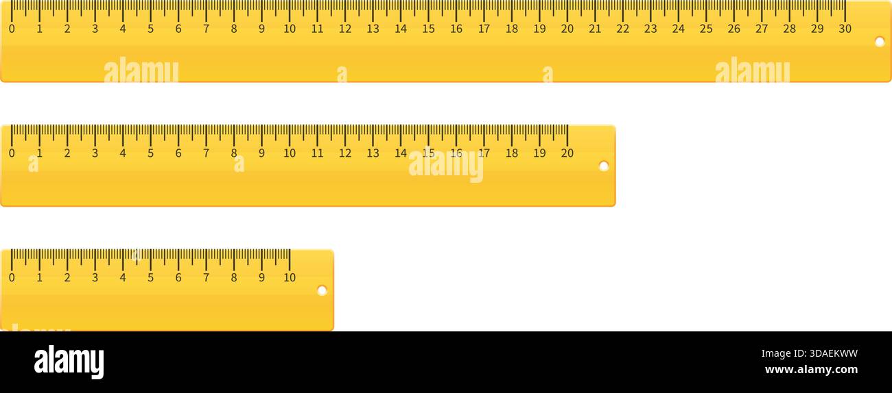 Righelli di misura gialli realistici lunghi dieci, venti e trenta centimetri. Misurazione millimetrica. Linee rette. Accessori isolati per la scuola. Lunghezza Illustrazione Vettoriale