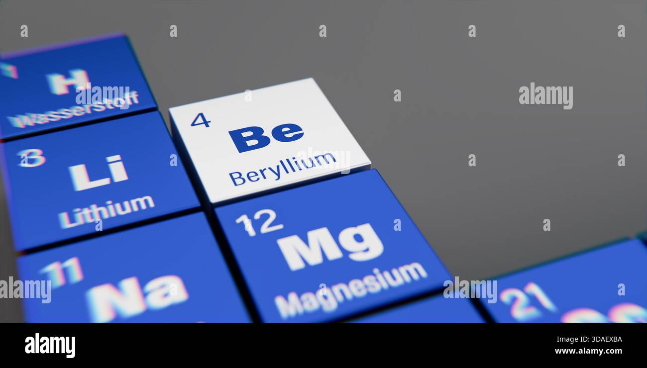 Vista di dettaglio dell'elemento chimico Be Beryllium con il numero atomico 4 all'interno della tavola periodica degli elementi in tedesco. Effetto di dispersione dinamica A. Foto Stock