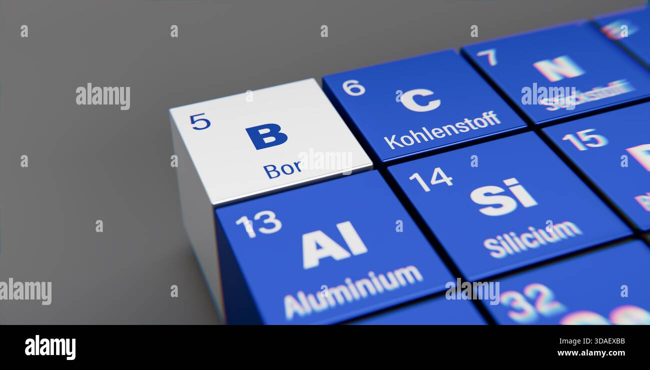 Vista di dettaglio dell’elemento chimico B boro (tedesco: BOR) con il numero atomico 5 nella tavola periodica degli elementi in tedesco. Dispersione dinamica Foto Stock