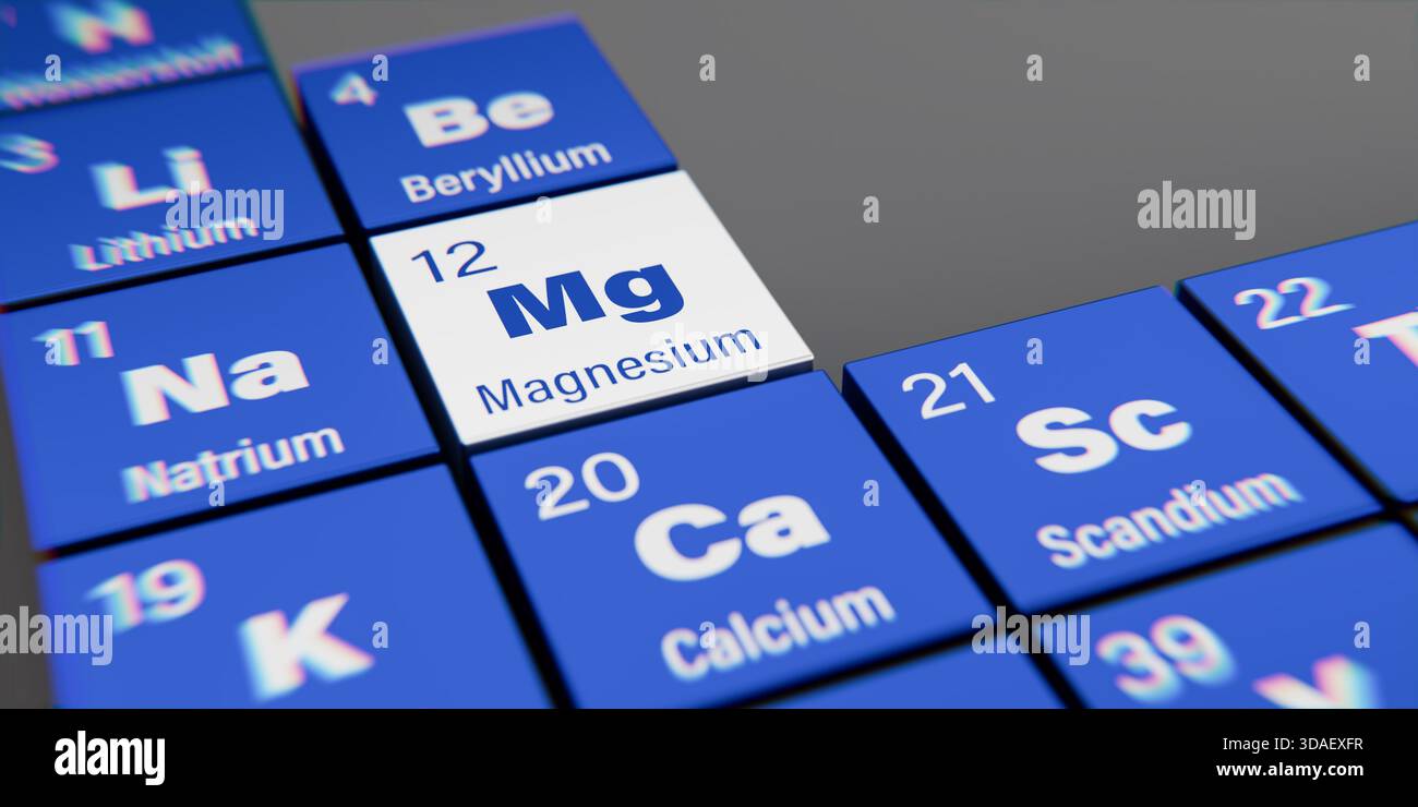 Vista dettagliata dell'elemento chimico mg magnesio con il numero atomico 12 nella tavola periodica degli elementi in tedesco. Effetto di dispersione dinamica Foto Stock