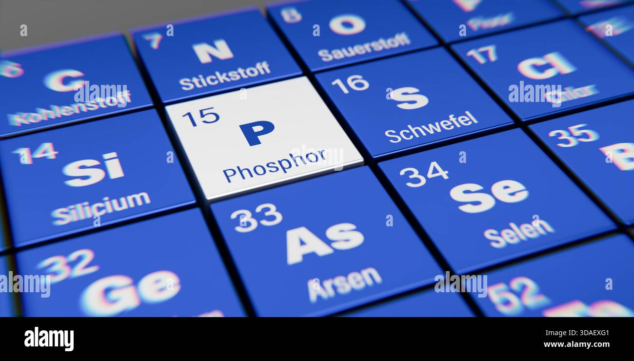 Vista di dettaglio dell'elemento chimico P fosforo (tedesco: Fosforo) con numero atomico 15 nella tavola periodica degli elementi in tedesco. Dosatori dinamici Foto Stock