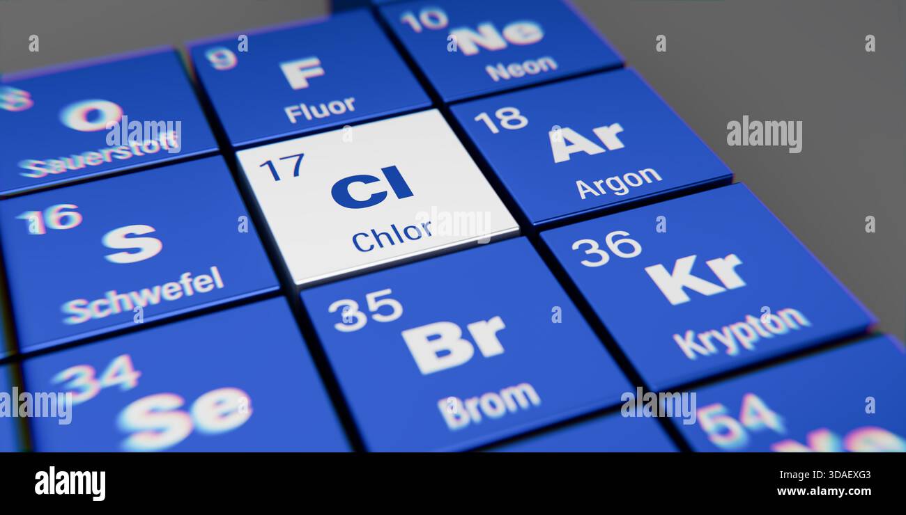 Vista di dettaglio dell’elemento chimico cloro Cl (tedesco: Cloro) con numero atomico 17 nella tavola periodica degli elementi in tedesco. Dispersione dinamica Foto Stock