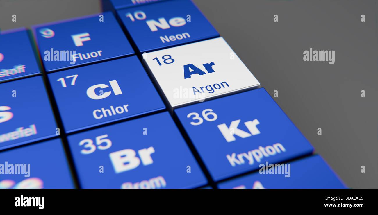 Vista di dettaglio dell'elemento chimico AR Argon con il numero atomico 18 all'interno della tavola periodica degli elementi in tedesco. Effetto di dispersione dinamica a t Foto Stock