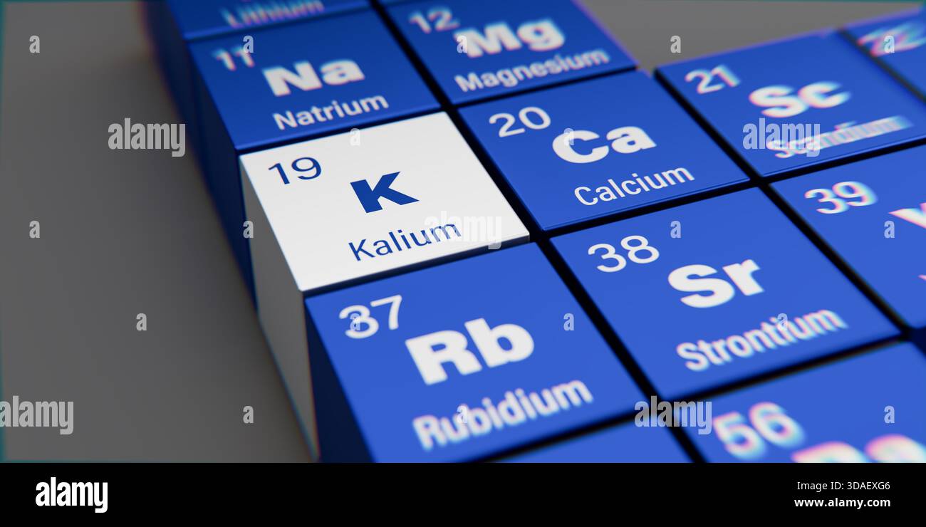 Vista di dettaglio dell'elemento chimico K potassio (tedesco: Kalium) con numero atomico 19 nella tavola periodica degli elementi in tedesco. Dispersione dinamica Foto Stock
