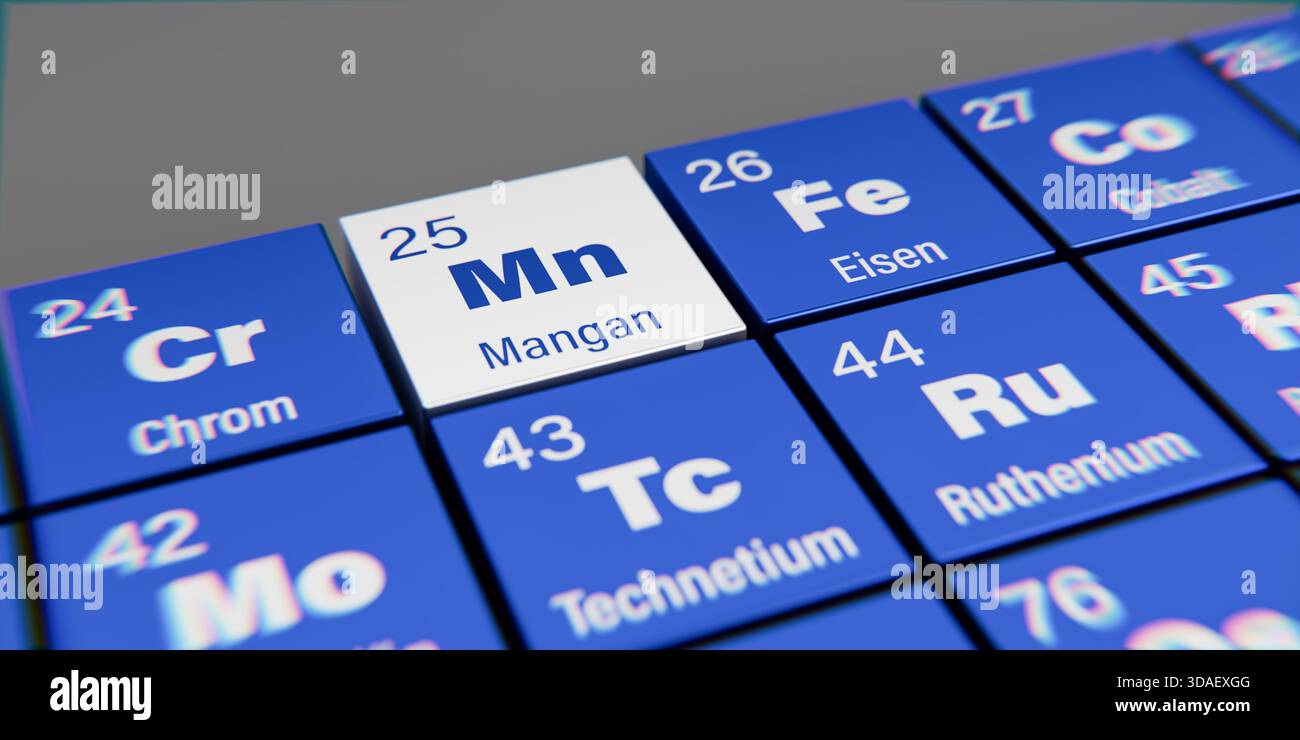 Vista di dettaglio dell'elemento chimico Mn manganese (tedesco: Mangan) con numero atomico 25 nella tavola periodica degli elementi in tedesco. Dispersione dinamica Foto Stock