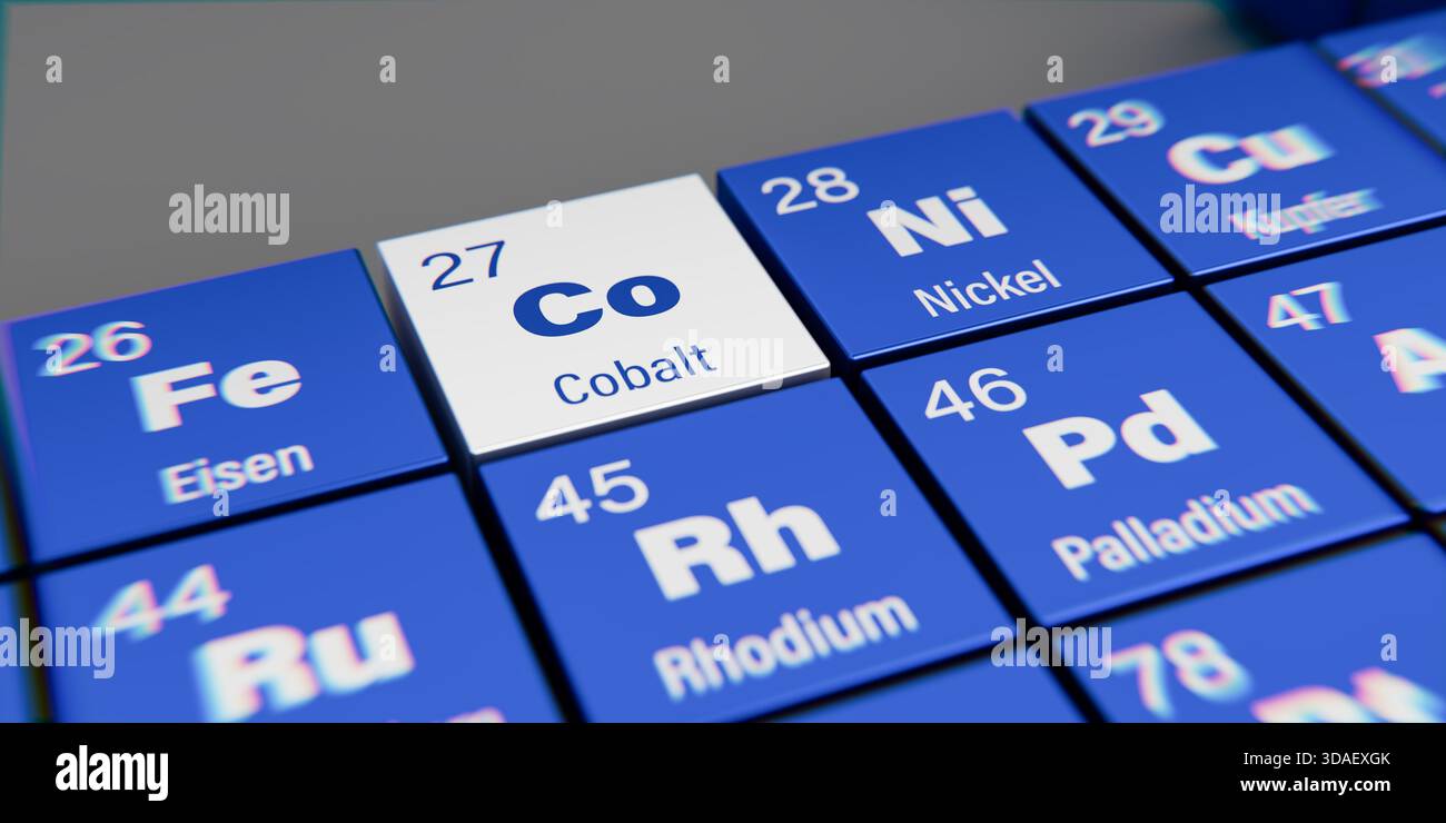 Vista di dettaglio dell'elemento chimico Co cobalto con il numero atomico 27 nella tavola periodica degli elementi in tedesco. Effetto di dispersione dinamica su Foto Stock