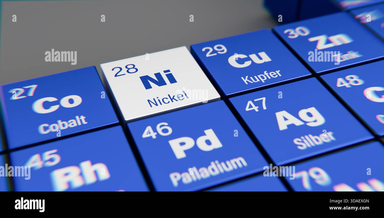 Vista di dettaglio dell'elemento chimico Ni Nickel con il numero atomico 28 nella tavola periodica degli elementi in tedesco. Effetto di dispersione dinamica su Foto Stock
