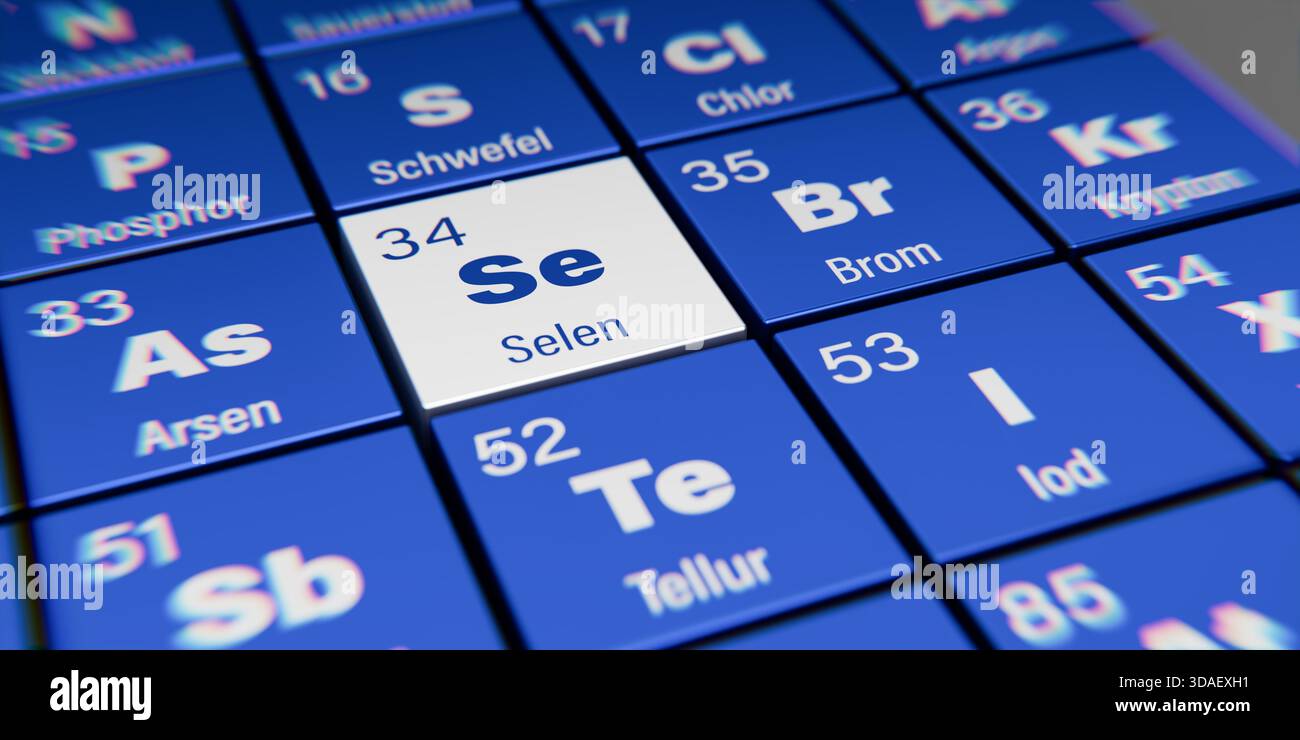 Vista di dettaglio dell’elemento chimico se selenio (tedesco: Selen) con il numero atomico 34 all’interno della tavola periodica degli elementi in tedesco. Dis. Dinamica Foto Stock
