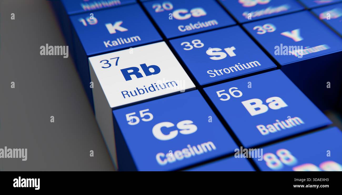 Vista di dettaglio dell’elemento chimico RB Rubidium con il numero atomico 37 nella tavola periodica degli elementi in tedesco. Effetto di dispersione dinamica A. Foto Stock