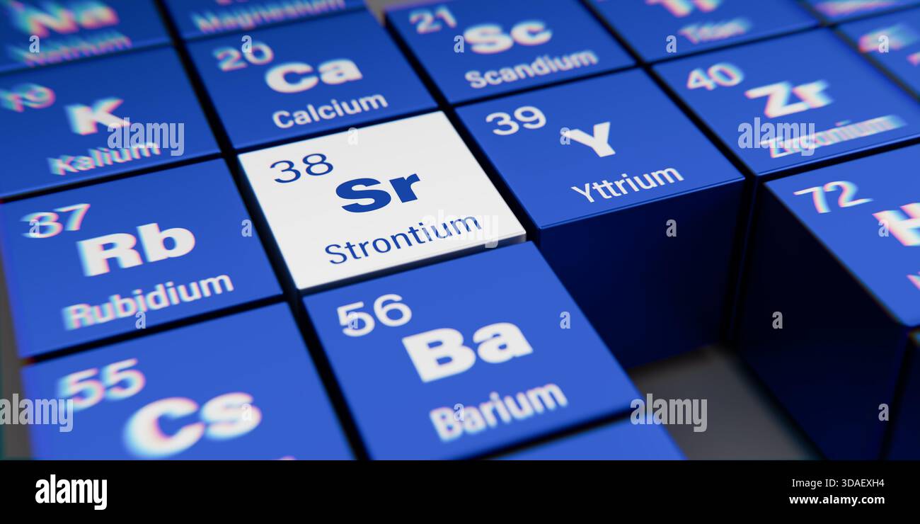 Vista di dettaglio dell’elemento chimico Sr Strontium con il numero atomico 38 all’interno della tavola periodica degli elementi in tedesco. Effetto di dispersione dinamica Foto Stock