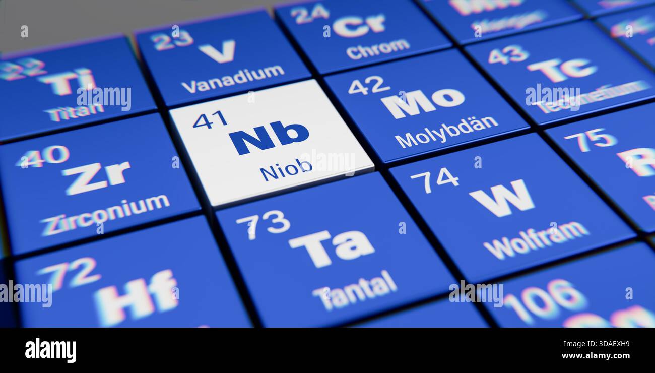 Vista di dettaglio dell’elemento chimico NB Niobium (tedesco: Niob) con numero atomico 41 nella tavola periodica degli elementi in tedesco. Dispersione dinamica ef Foto Stock