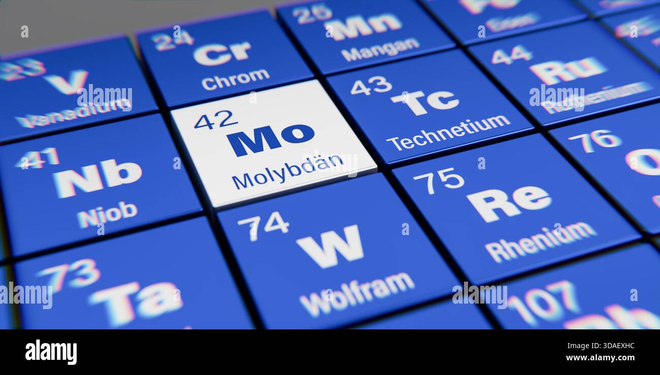 Vista di dettaglio dell'elemento chimico Mo molibdeno (tedesco: Molybdän) con numero atomico 42 nella tavola periodica degli elementi in tedesco. Dosatore dinamico Foto Stock