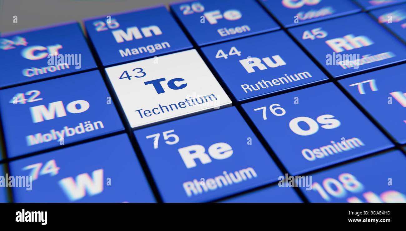 Vista di dettaglio dell'elemento chimico TC Technetium con il numero atomico 43 all'interno della tavola periodica degli elementi in tedesco. Effetto di dispersione dinamica Foto Stock