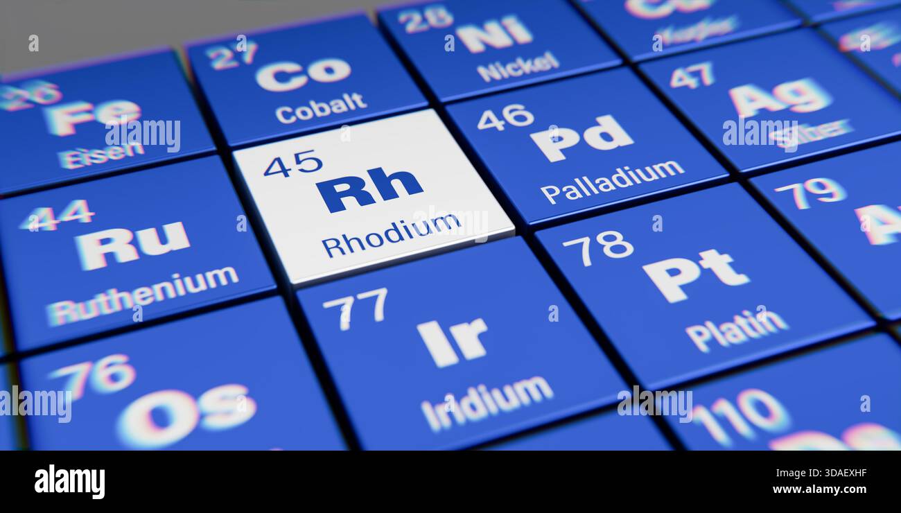 Vista dettagliata dell'elemento chimico RH rodio con il numero atomico 45 all'interno della tavola periodica degli elementi in tedesco. Effetto di dispersione dinamica a. Foto Stock