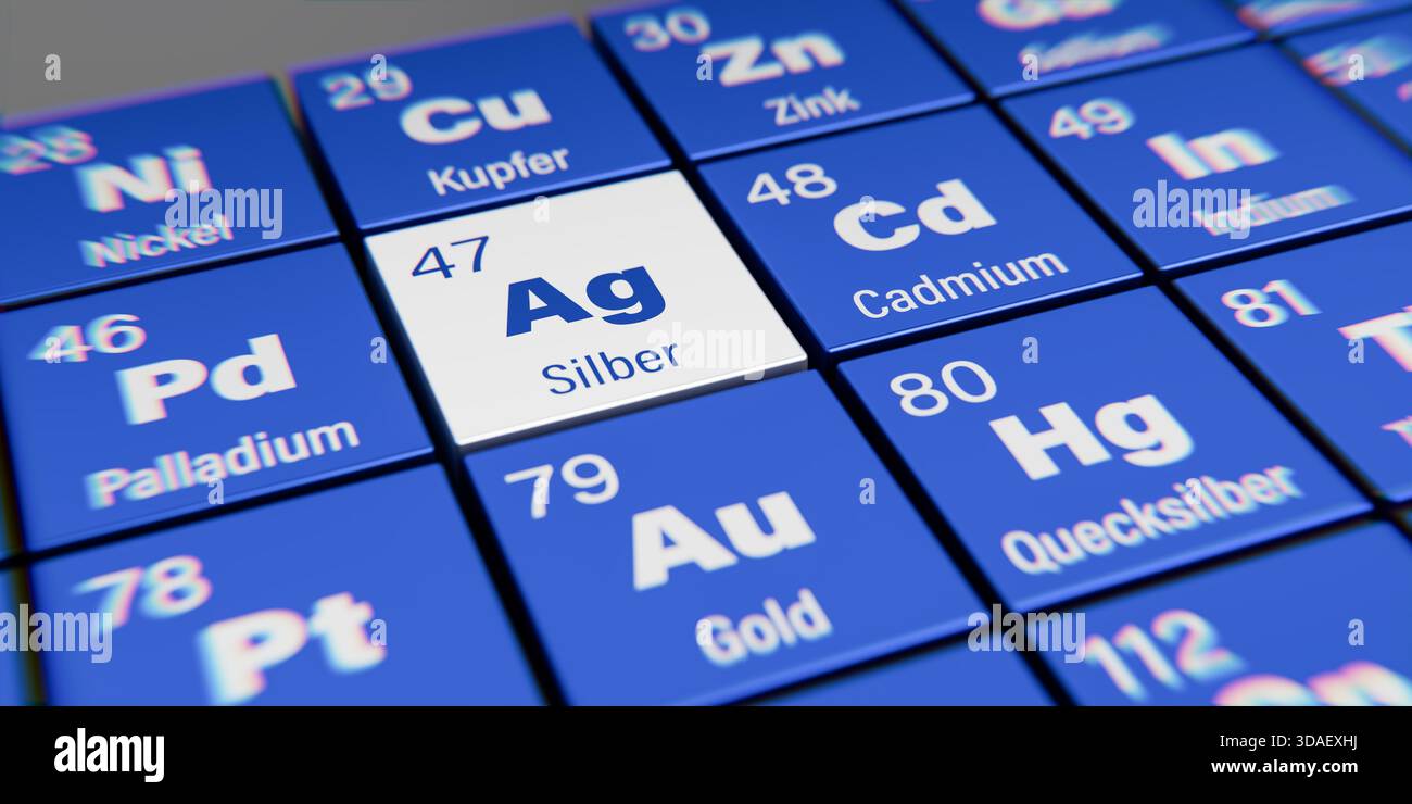 Vista di dettaglio dell'elemento chimico Ag Silver (tedesco: Silber) con numero atomico 47 nella tavola periodica degli elementi in tedesco. Dispersione dinamica e. Foto Stock