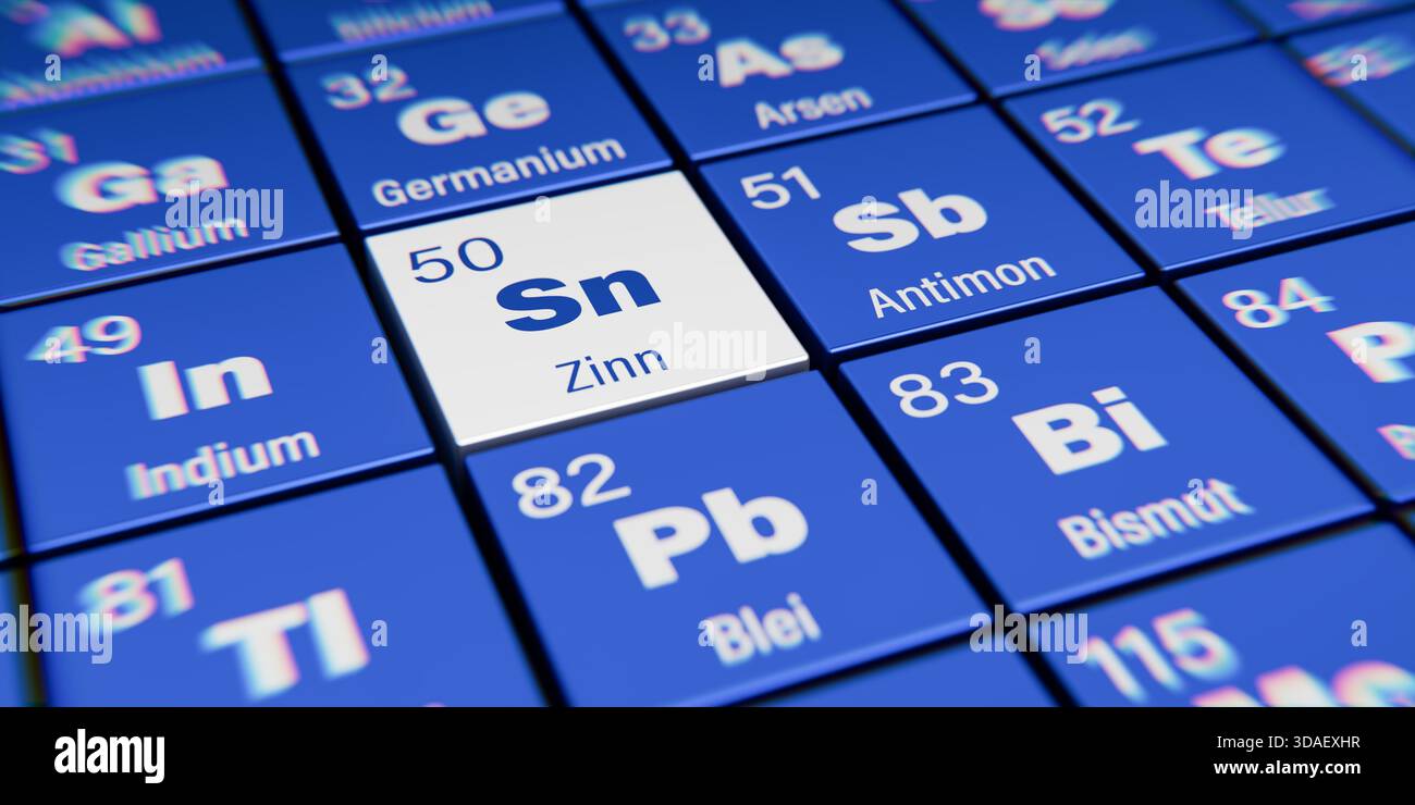 Vista di dettaglio dell'elemento chimico Sn Tin (tedesco: Zinn) con numero atomico 50 all'interno della tavola periodica degli elementi in tedesco. Effetto di dispersione dinamica Foto Stock