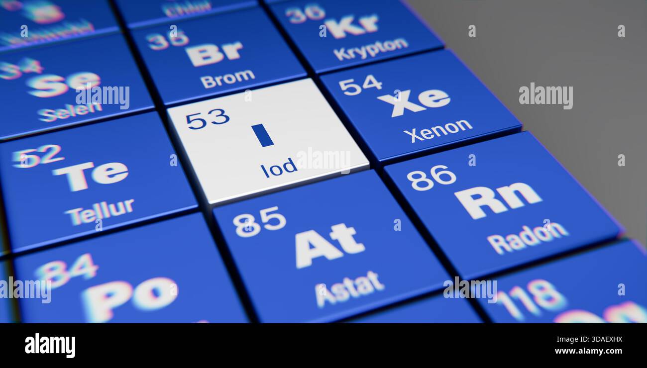Vista di dettaglio dell'elemento chimico i iodio (tedesco: IOD) con numero atomico 53 nella tavola periodica degli elementi in tedesco. Effec. Dispersione dinamica Foto Stock