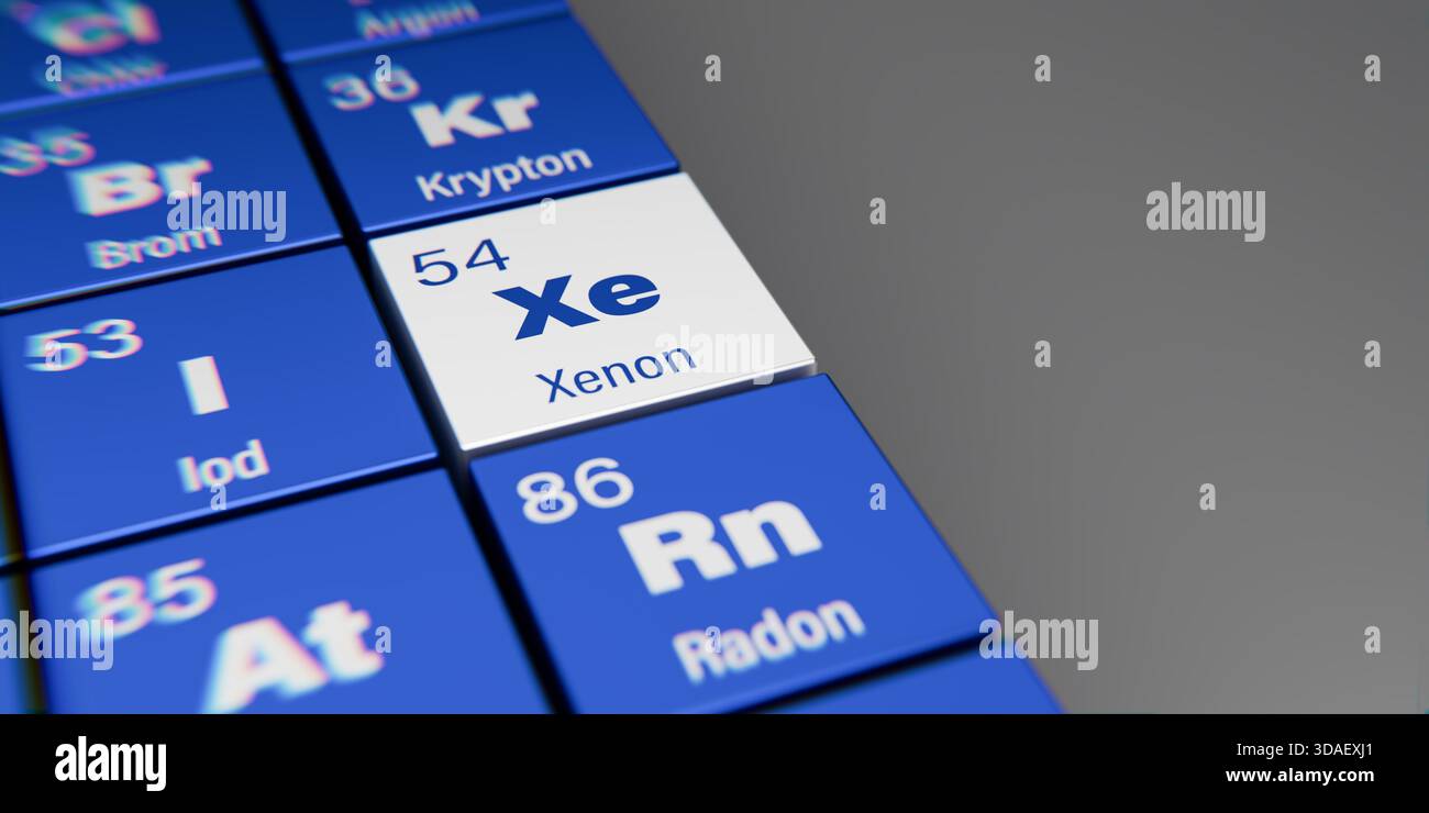 Vista dettagliata dell'elemento chimico Xenon XE con il numero atomico 54 all'interno della tabella periodica degli elementi in tedesco. Effetto di dispersione dinamica a t Foto Stock