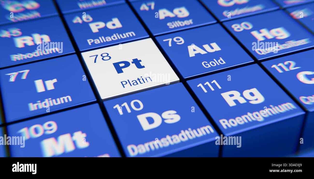 Vista di dettaglio dell'elemento chimico PT Platinum (tedesco: Platin) con numero atomico 78 nella tavola periodica degli elementi in tedesco. Dispersione dinamica Foto Stock