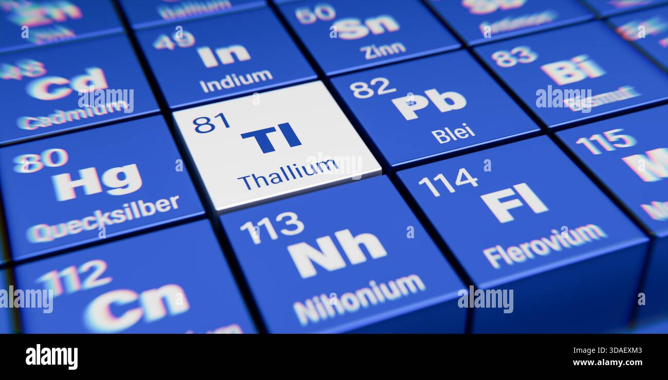 Vista di dettaglio dell'elemento chimico TL Thallium con il numero atomico 81 all'interno della tavola periodica degli elementi in tedesco. Effetto di dispersione dinamica A. Foto Stock