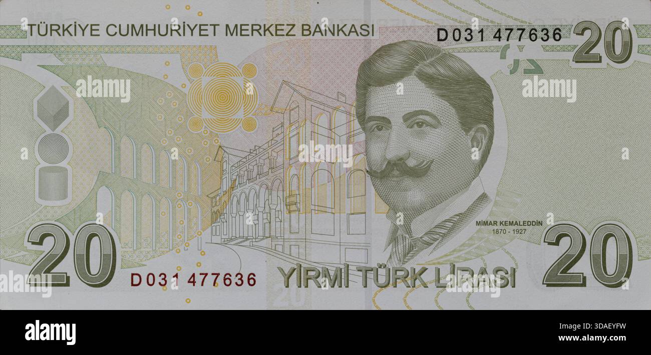 Mimar Kemaleddin venti lire turche rovesciate Foto Stock