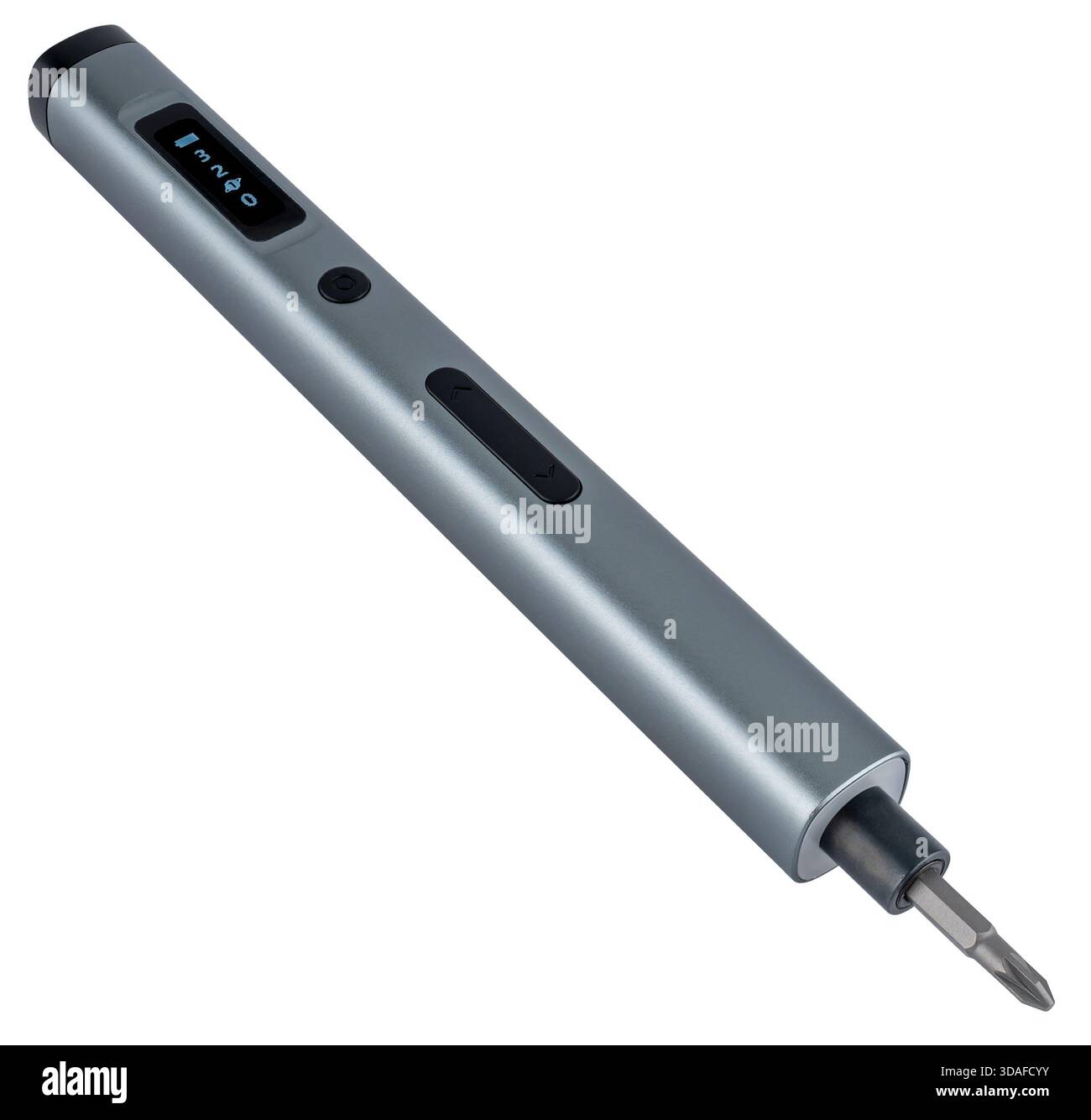 Avvitatore elettrico cordless con ricarica USB. Su uno sfondo bianco in isolamento. Foto Stock