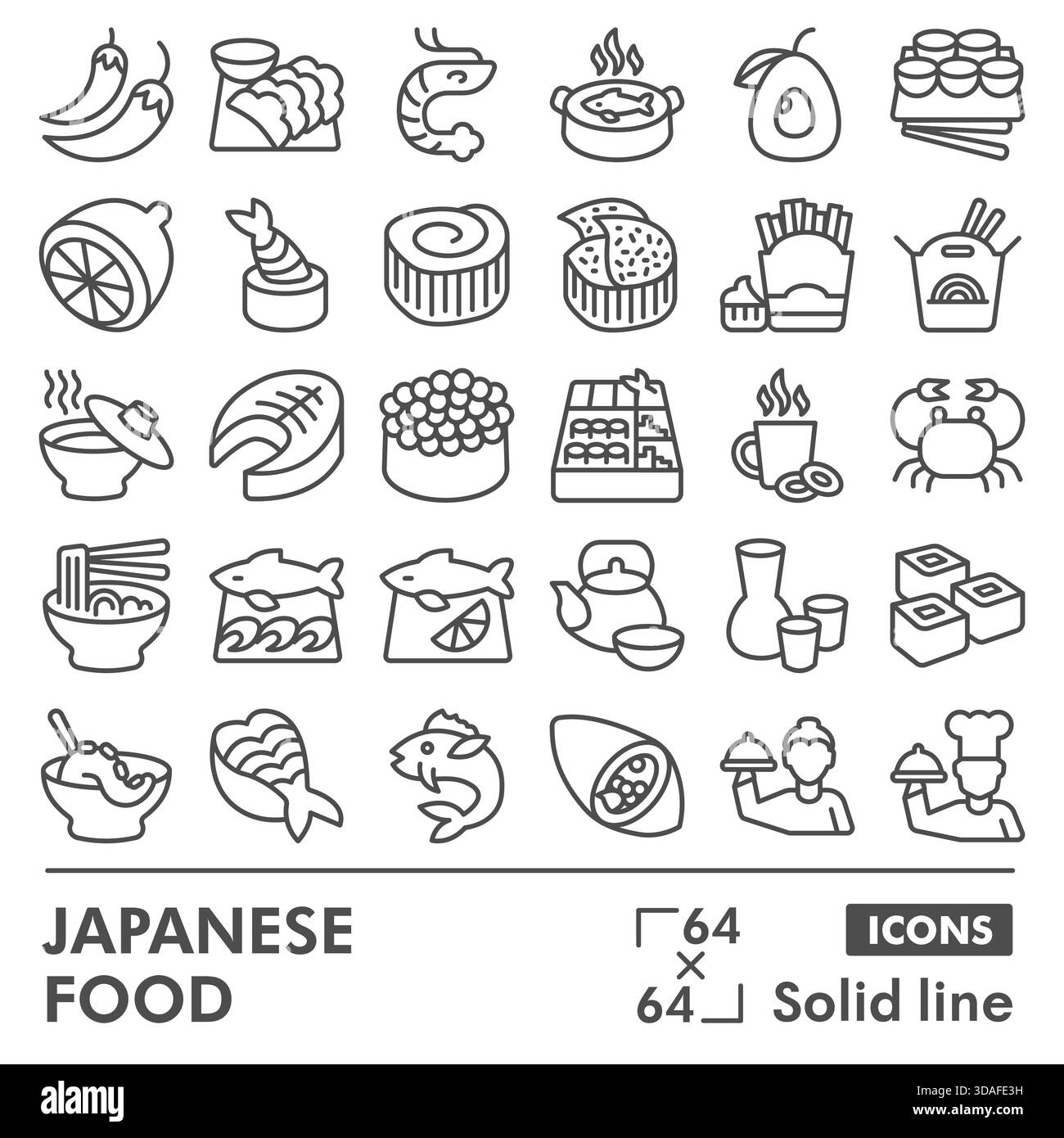 Collezione o schizzi di simboli alimentari giapponesi, tema di cucina con insegne in stile linea per Web e app. Grafica vettoriale isolata su sfondo bianco Illustrazione Vettoriale