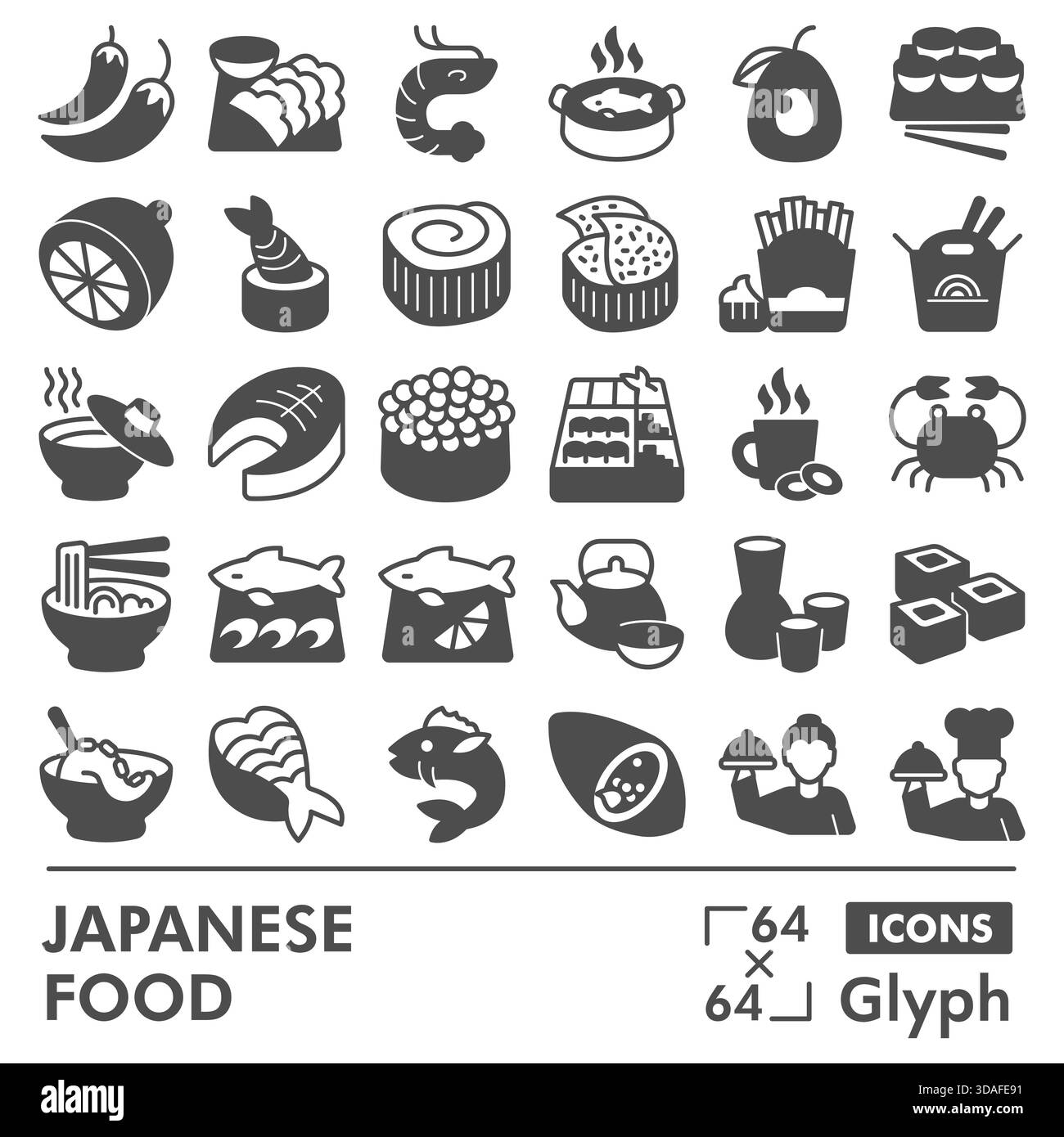 Collezione o schizzi di simboli alimentari giapponesi, tema di cucina con insegne in stile glifo per Web e app. Grafica vettoriale isolata su sfondo bianco Illustrazione Vettoriale