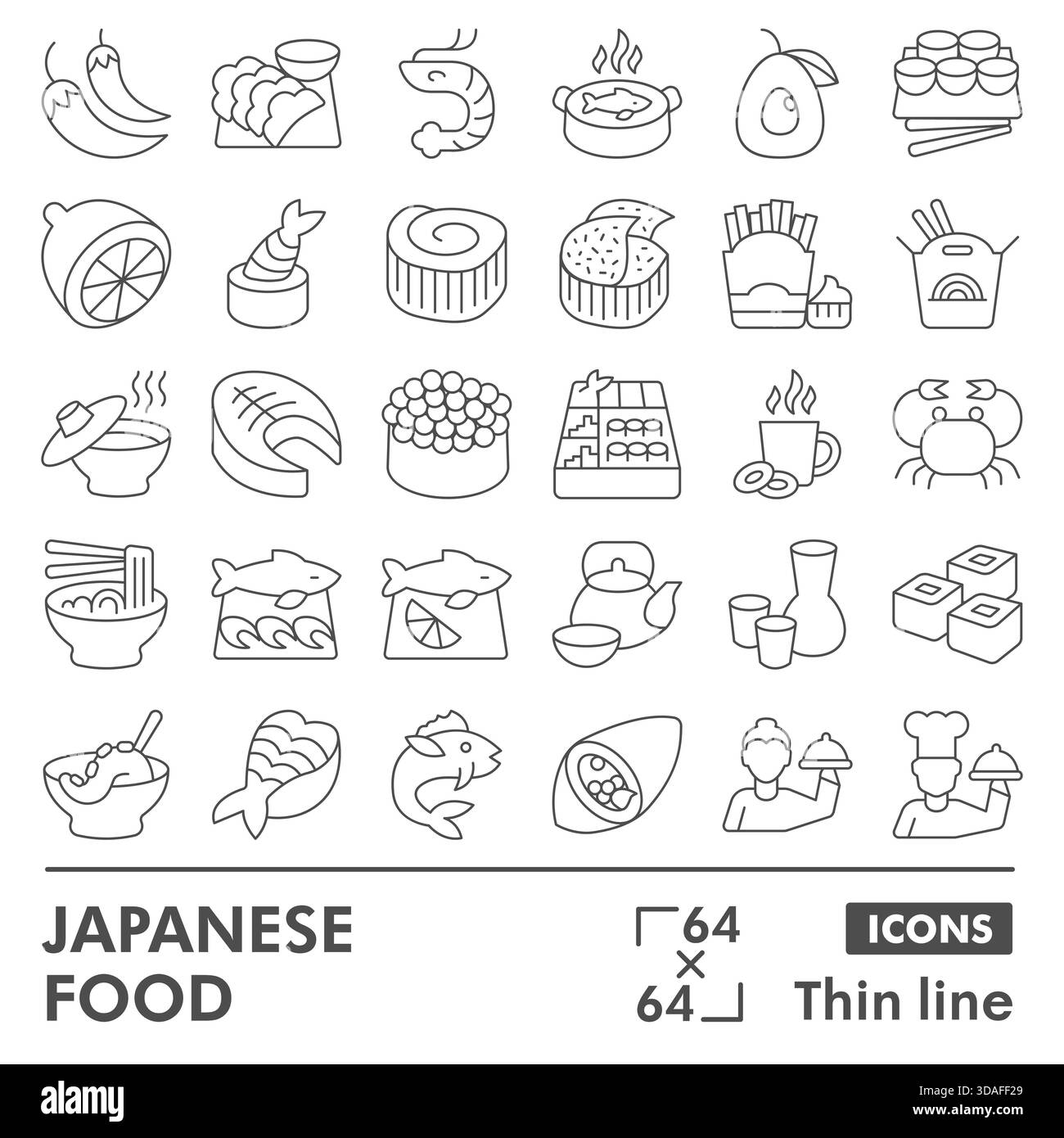 Collezione o schizzi di simboli del cibo giapponese, tema di cucina con insegne in stile sottile per Web e app. Grafica vettoriale isolata su sfondo bianco Illustrazione Vettoriale