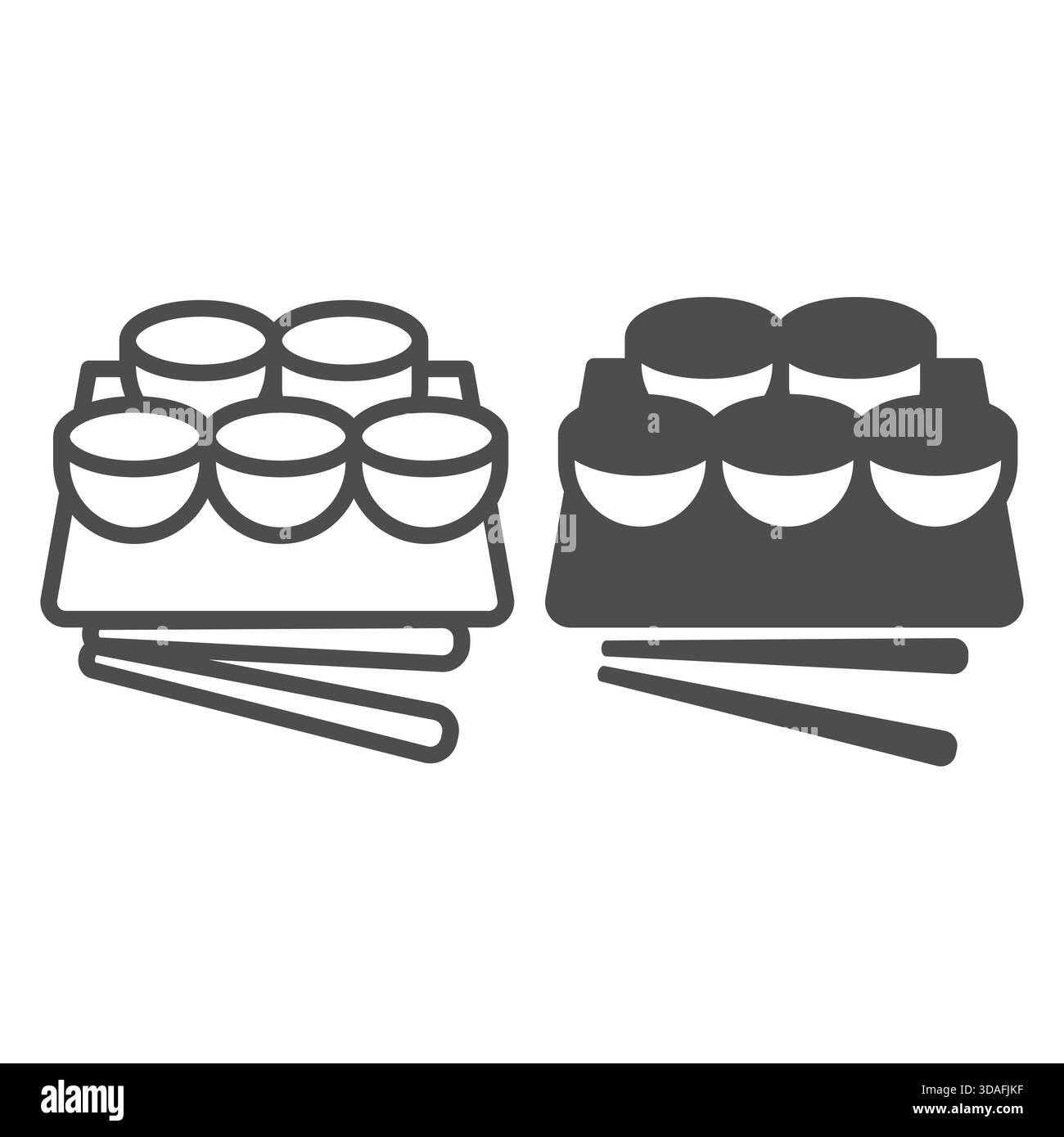 Set di sushi con linea di bacchette di legno e icona solida, concetto di cibo giapponese. Grafica vettoriale. Sushi a bordo, cartello fastfood su sfondo bianco, ou Illustrazione Vettoriale