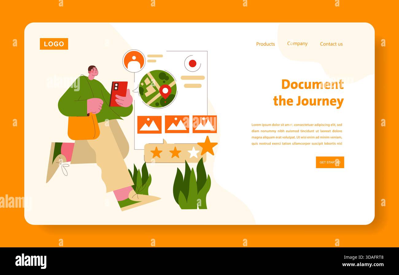 Illustrazione vettoriale che raffigura un viaggiatore che tiene in mano uno smartphone mentre esplora i piani di viaggio. La scena include elementi della mappa, marcatori di destinazione e stelle di valutazione che riflettono l'esplorazione del viaggio. Illustrazione Vettoriale