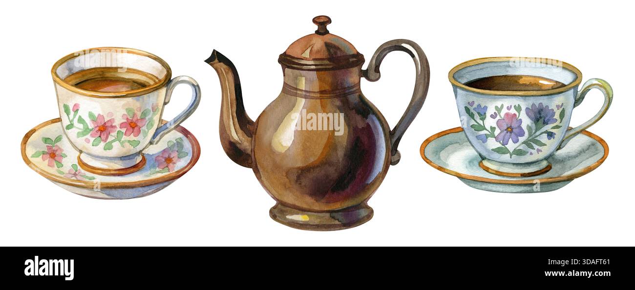 Set da tè ad acquerello con teiera vintage in rame e due tazze floreali in porcellana. Illustrazione accogliente e nostalgica, perfetta per l'arredamento della cucina e per le ricette Foto Stock