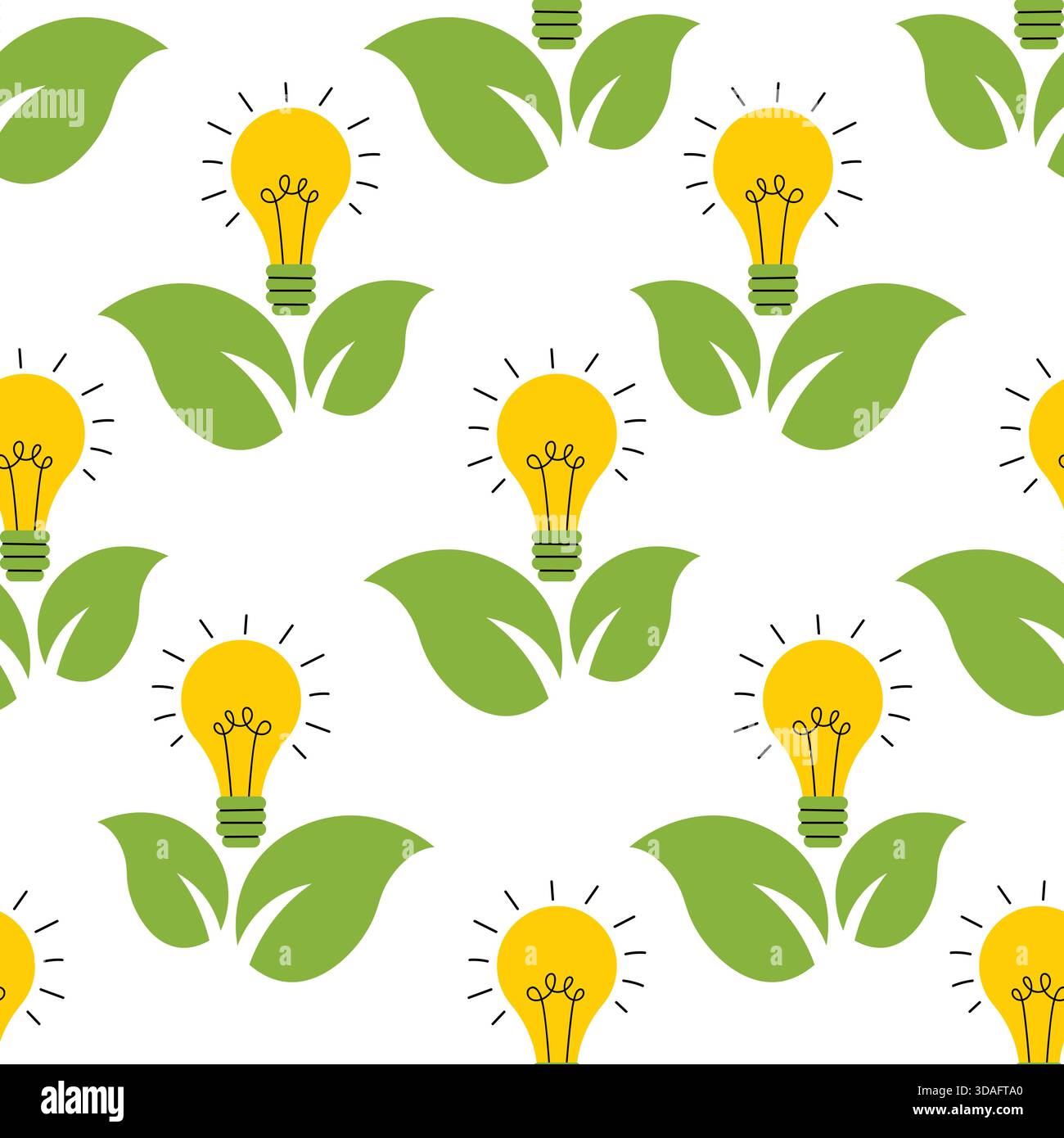 Design ecologico senza cuciture con simbolo della lampadina e foglie verdi fresche. Lo stile semplice e piatto dei cartoni animati crea un'atmosfera naturale ideale per l'ambiente Illustrazione Vettoriale