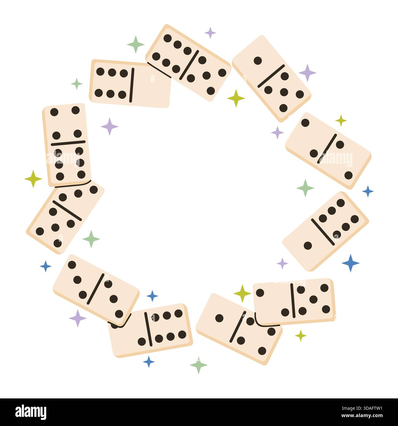 Telaio rotondo decorato con divertenti pezzi di gioco a domino e minuscoli accenti a stella. Il luminoso stile cartoni animati piatto crea un'atmosfera allegra e giocosa, perfetta per i bambini Illustrazione Vettoriale