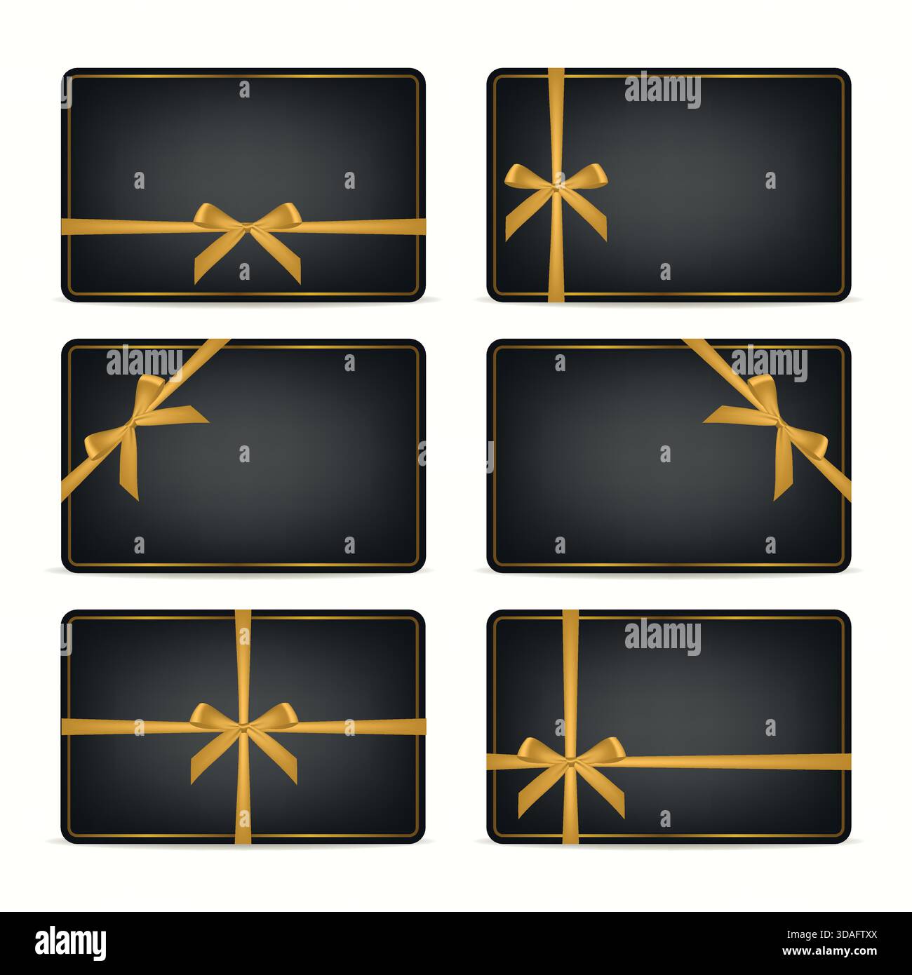 Set di buoni regalo neri con Bows a nastro dorato, isolati. Buoni sconto per un vettore di lusso e modelli di carte fedeltà per i saldi natalizi del Black Friday Illustrazione Vettoriale