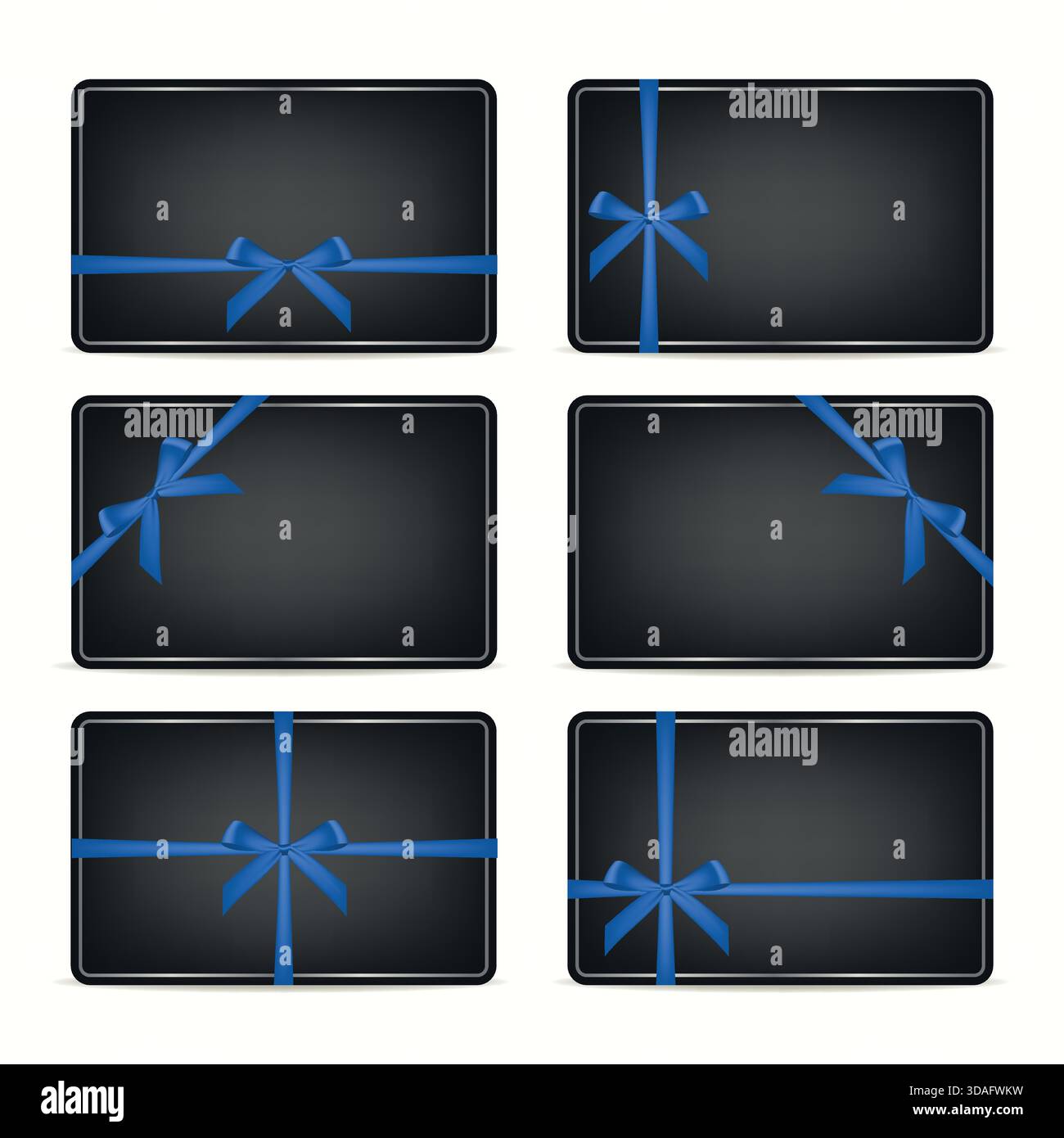 Set di buoni regalo neri con cassetti a nastro blu, isolati. Eleganti modelli di buoni sconto Vector e carte fedeltà per i saldi invernali di Natale e Capodanno Illustrazione Vettoriale