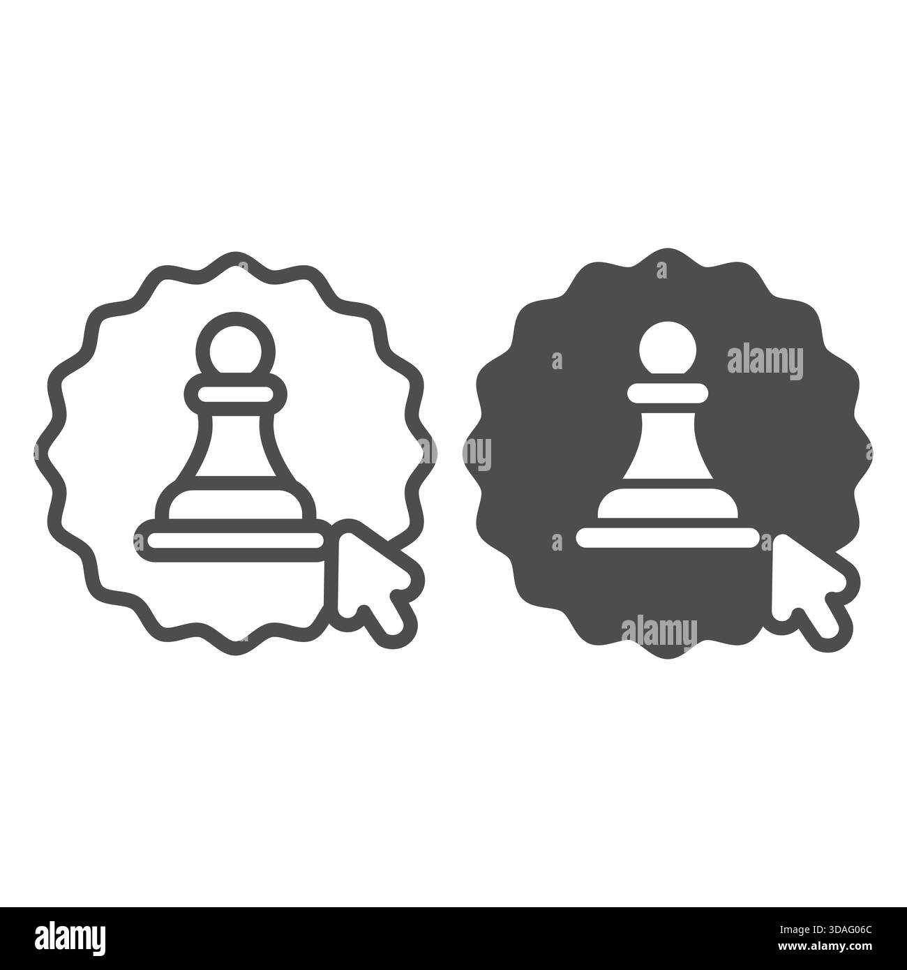 Adesivo con pedone scacchiera e puntatore del mouse e icona continua, concetto di gioco. Grafica vettoriale. Insegna di gioco su sfondo bianco, icona stile contorno per Illustrazione Vettoriale