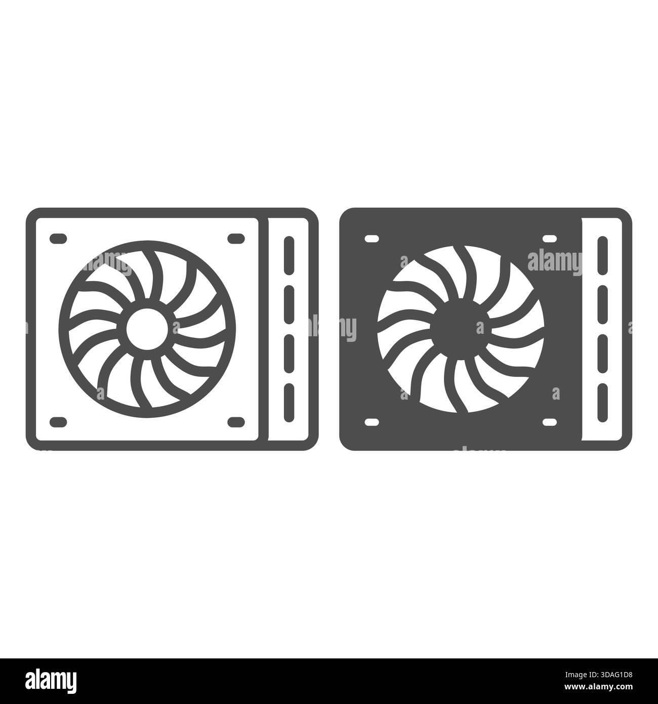 Alimentatore modulare con linea di ventole e icona continua, concetto di cyber monday. Grafica vettoriale. Potente dispositivo per la linea CA, segnaletica elettrica su dorso bianco Illustrazione Vettoriale