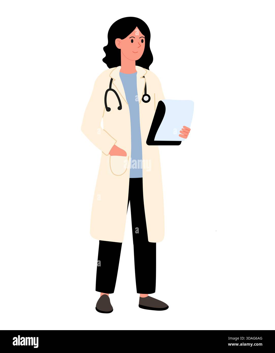 Medico donna in cappotto medico. Donna con stetoscopio intorno al collo. Ragazza che sorride e tiene in mano gli appunti. Raccolta professioni. Illustrazione Vettoriale