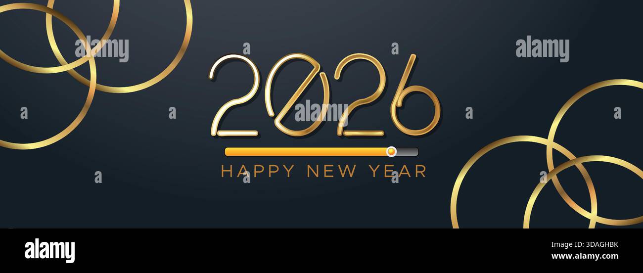 Elegante striscione Gold Text 2026 con elegante sfondo nero e linee curve Illustrazione Vettoriale