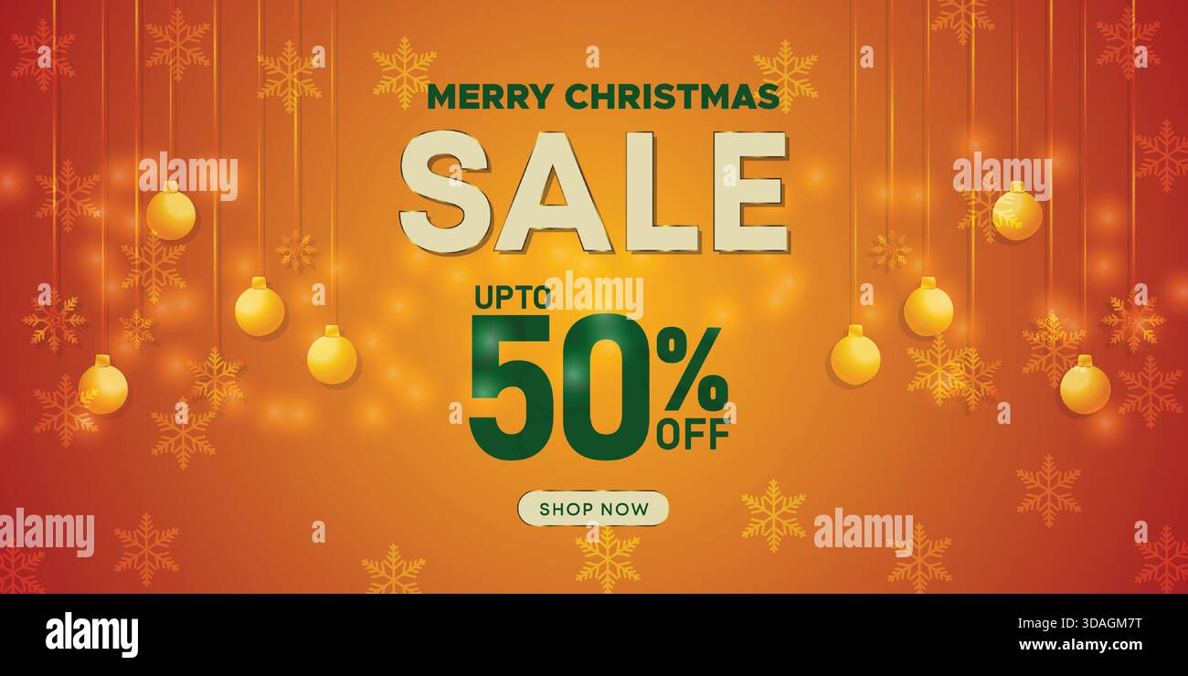 Caldo striscione natalizio dorato con ornamenti natalizi appesi e sfondo fiocco di neve Illustrazione Vettoriale