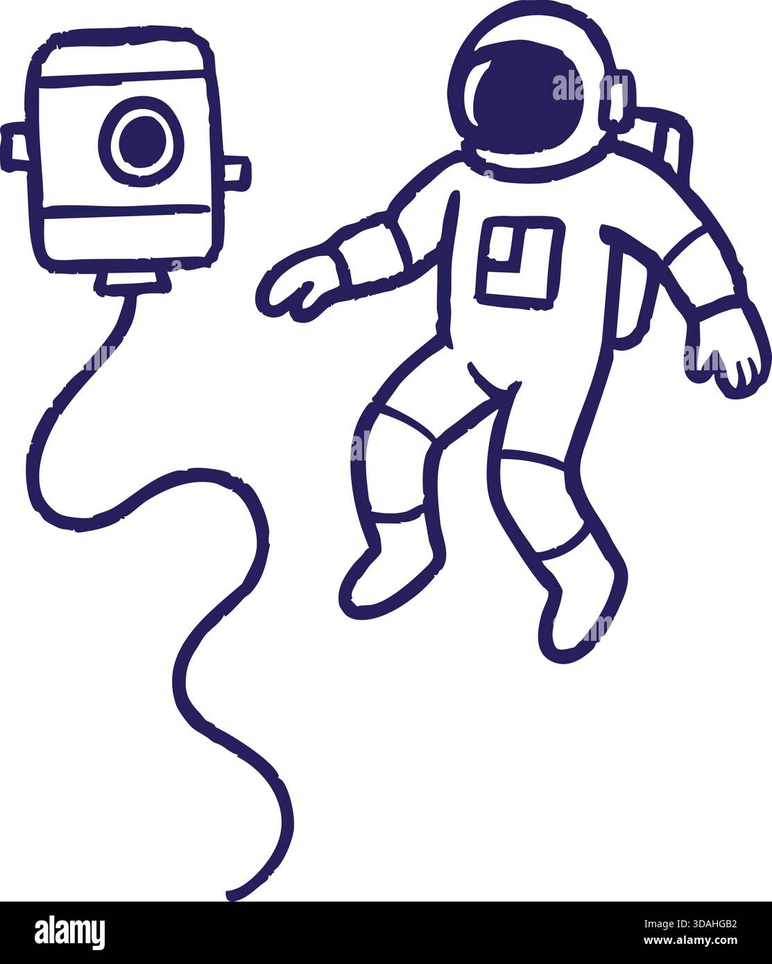 Due astronauti che fluttuano con una linea di sicurezza in uno spazio aperto. Illustrazione Vettoriale