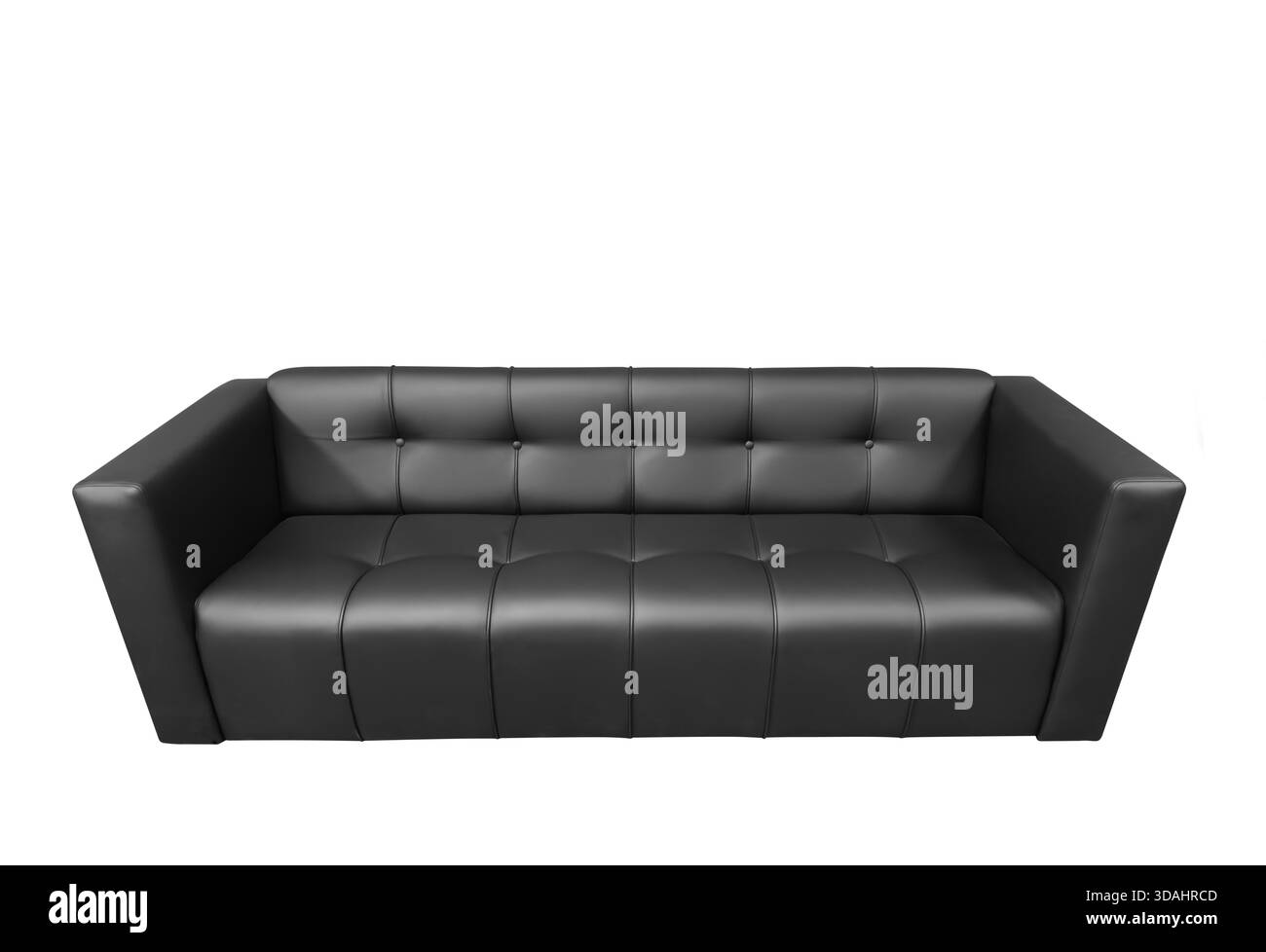 Vista frontale del divano in pelle isolato su sfondo bianco. Arredamento moderno. Divano in pelle nera isolato. Foto Stock