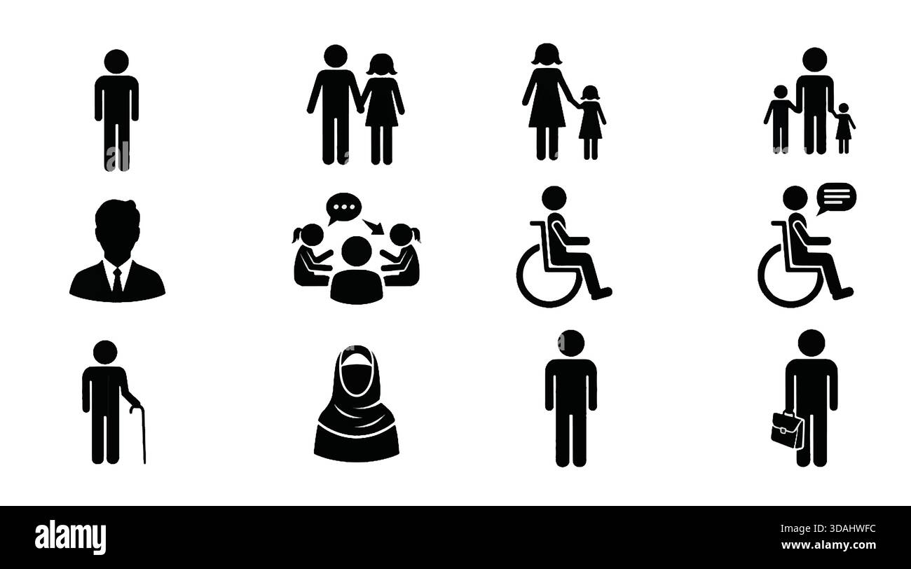 Set di icone per persone diverse: Famiglia, disabilità, anziani, affari, donna musulmana, e simboli di comunicazione per uguaglianza e Div Illustrazione Vettoriale