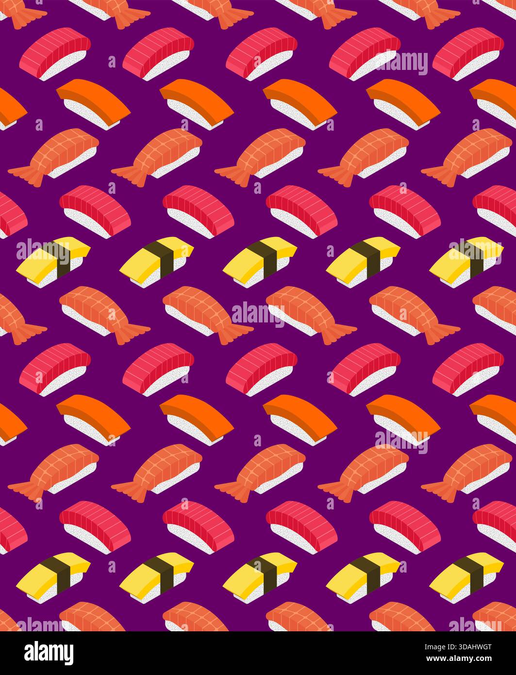 Motivo pop art senza cuciture con pezzi di sushi nigiri dalle linee audaci e colori vivaci su sfondo viola scuro. Sfondo estetico retrò per Illustrazione Vettoriale