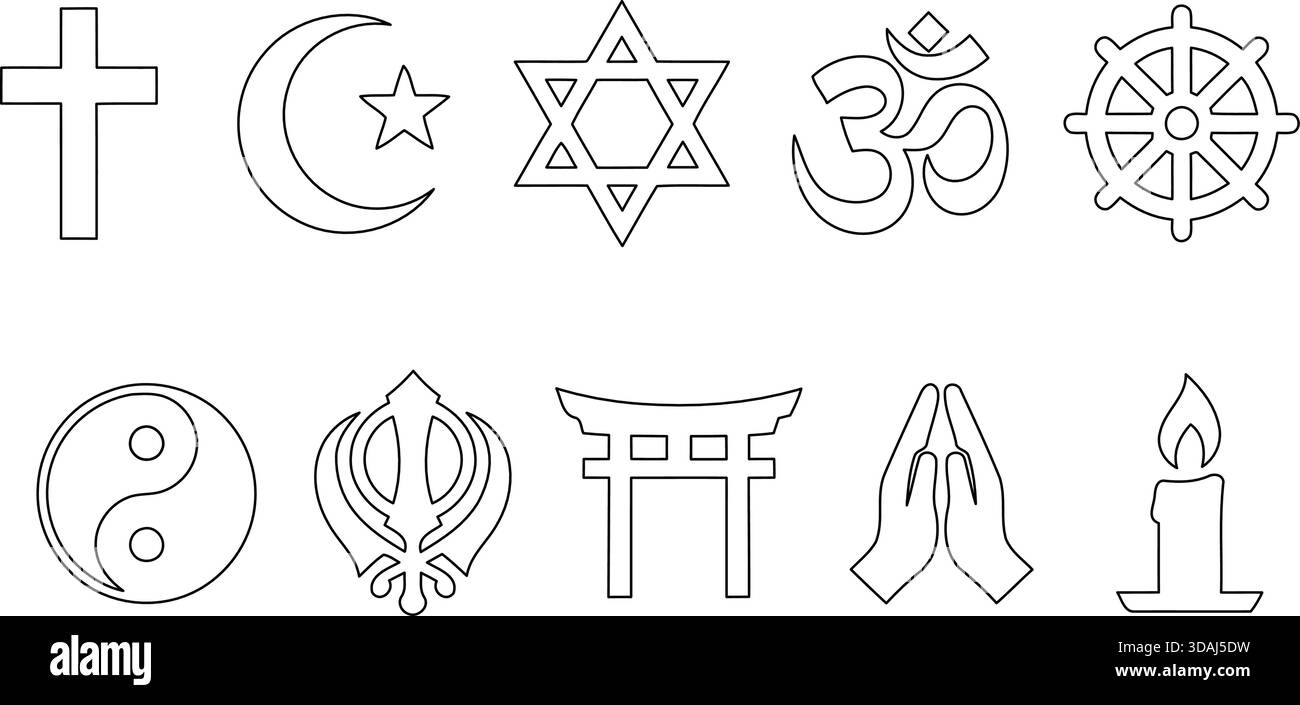 Una grafica vettoriale che mostra 10 diversi simboli religiosi principali, enfatizzando la diversità globale e la fede. Ideale per la pace educativa o interreligiosa Illustrazione Vettoriale