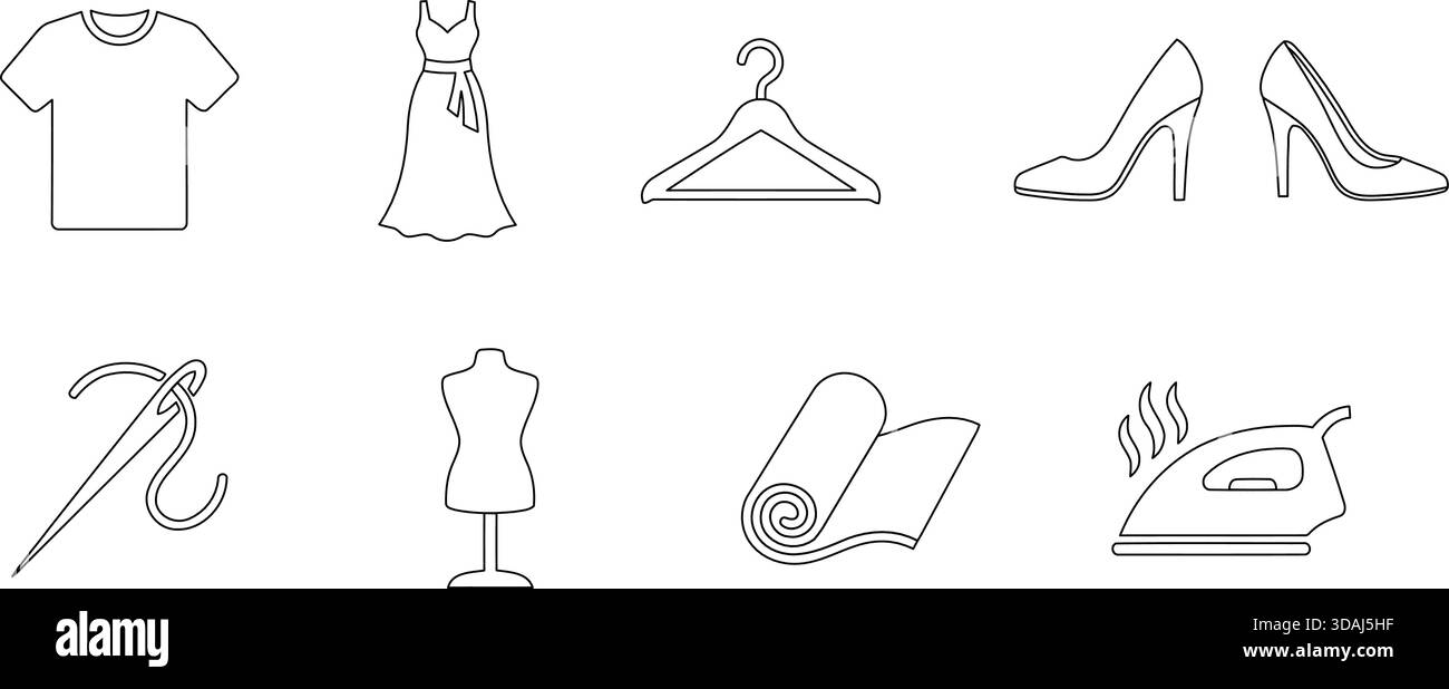 Set di icone vettoriali che mostrano elementi di moda essenziali come abbigliamento, forniture per cucire e accessori. Risorsa grafica perfetta per gli ap retail Illustrazione Vettoriale