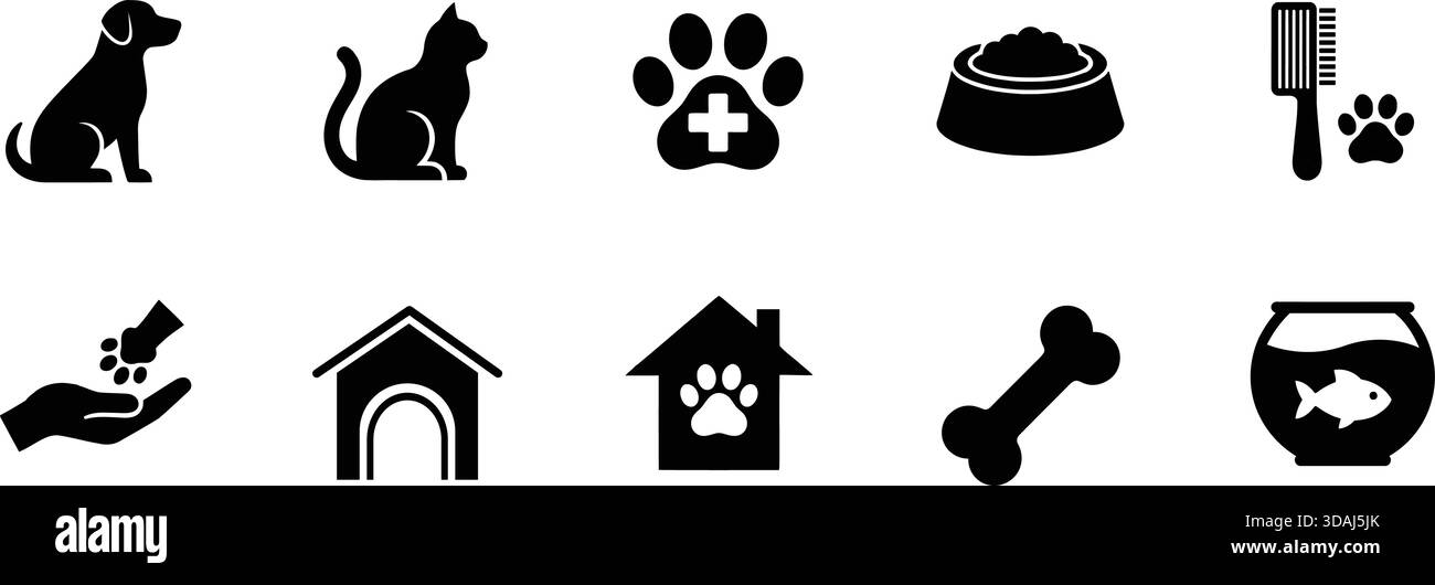 Un set completo di icone vettoriali piatte nere che descrivono le esigenze più comuni degli animali domestici, tra cui cani, gatti, alimenti e simboli veterinari. Ideale per il websit Illustrazione Vettoriale