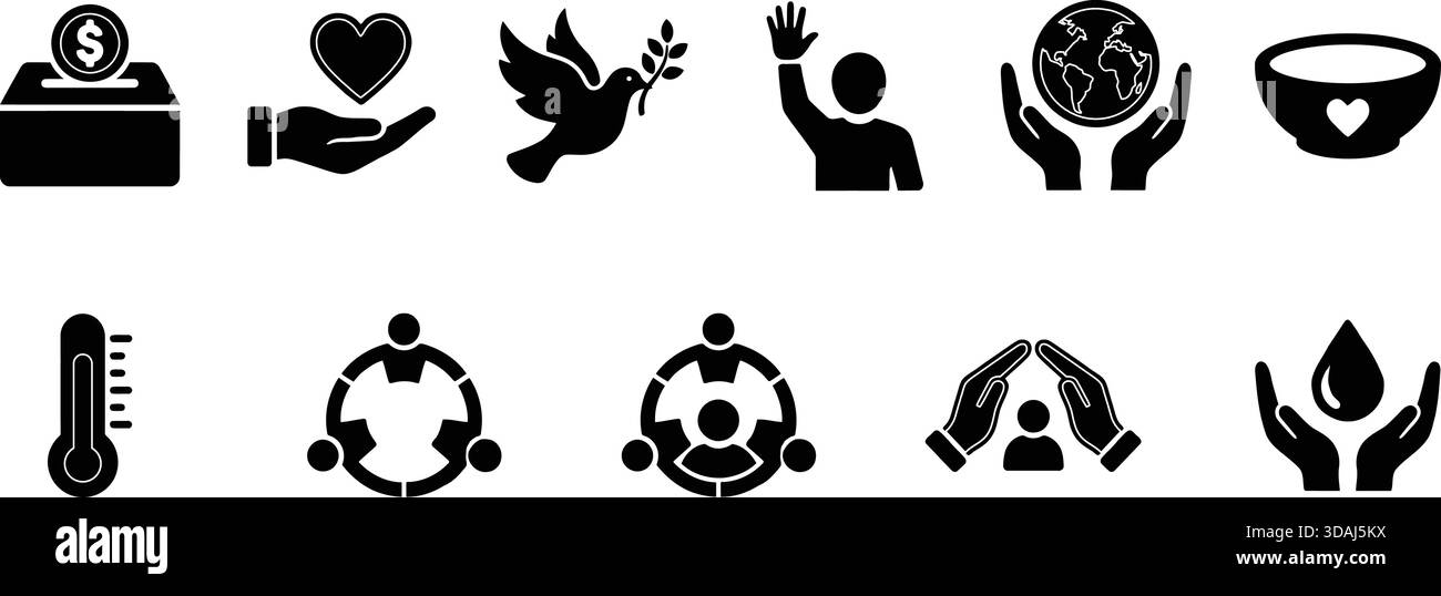 Un insieme di 12 icone vettoriali piatte che coprono carità, pace, responsabilità sociale e tutela dell'ambiente. Perfetto per la progettazione no-profit, le app e l'istruzione Illustrazione Vettoriale