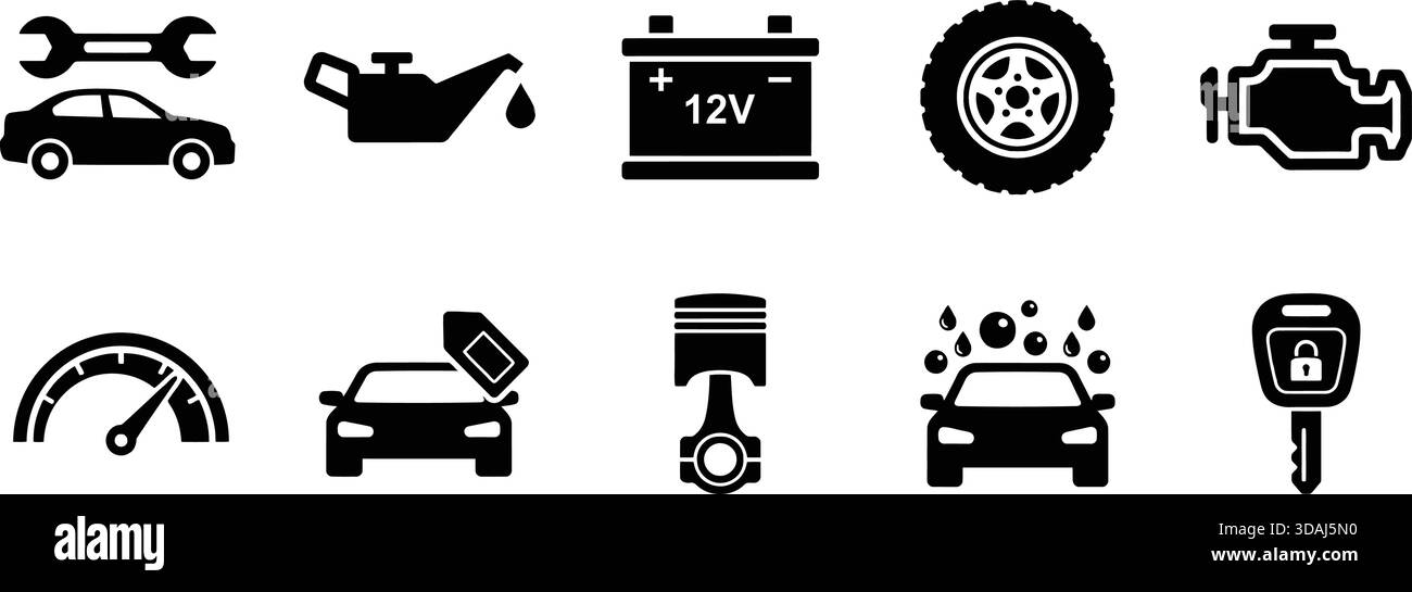 Un set vettoriale completo con 10 icone di manutenzione essenziali per il settore automobilistico come motore, batteria, olio e strumenti di riparazione. Ideale per siti Web di meccanici, Illustrazione Vettoriale